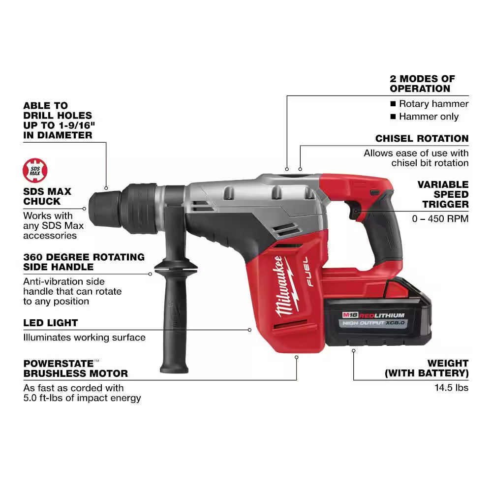 M18 FUEL 18V Lithium-Ion Brushless Cordless 1-9/16 In. Sds-Max Rotary Hammer Kit W/Sds-Plus D-Handle Rotary Hammer