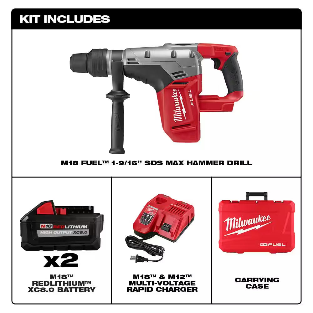 M18 FUEL 18V Lithium-Ion Brushless Cordless 1-9/16 In. Sds-Max Rotary Hammer Kit W/Sds-Plus D-Handle Rotary Hammer