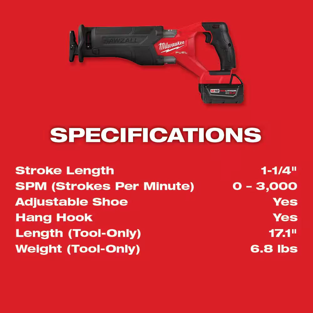 M18 FUEL 18V Lithium-Ion Brushless Cordless SAWZALL Reciprocating Saw Kit W/Two 5.0 Ah Batteries Charger & Hard Case