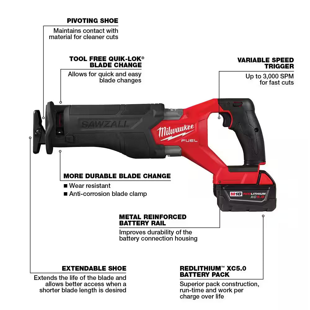 M18 FUEL 18V Lithium-Ion Brushless Cordless SAWZALL Reciprocating Saw Kit W/Two 5.0 Ah Batteries Charger & Hard Case